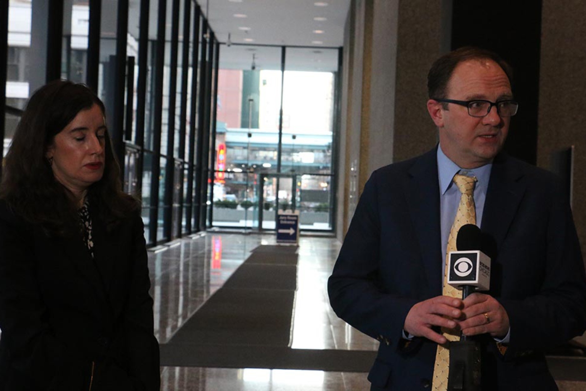 Attorneys Michelle García of the ACLU of Illinois and Mark Fleming of the National Immigrant Justice Center answer reporter questions on Feb. 27, 2026, at the Dirksen Federal Courthouse in Chicago. (Capitol News Illinois photo by Maggie Dougherty)