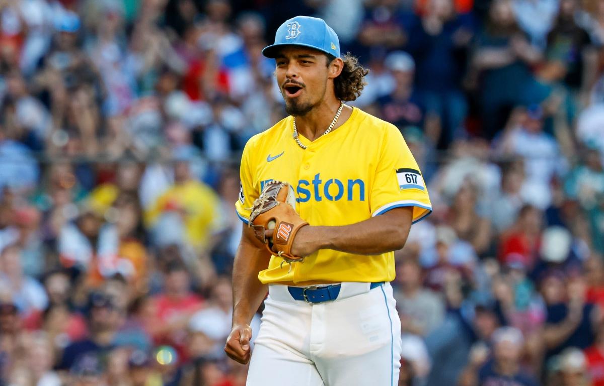 FILE - Boston Red Sox's Jordan Hicks reacts after striking out Houston Astros' Carlos Correa in the eighth inning of a baseball game, Aug. 2, 2025, in Boston. (AP Photo/Greg M. Cooper, File)