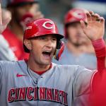 FILE - Cincinnati Reds' Austin Hays celebrates after scoring on a single from Sal Stewart during the first inning in Game 2 of the National League Wild Card baseball playoff series against the Los Angeles Dodgers, Oct. 1, 2025, in Los Angeles. (AP Photo/Mark J. Terrill, File)