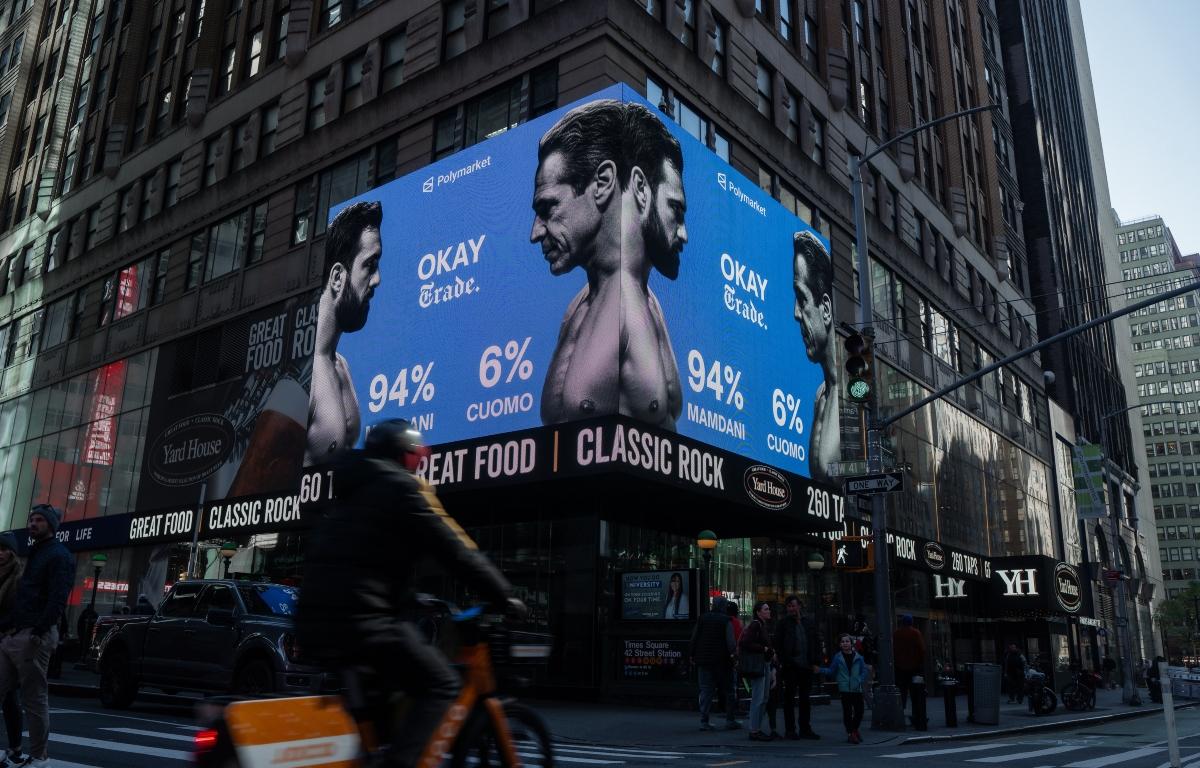FILE - Advertisements by the American company Polymarket predict a victory for Zohran Mamdani in the New York City mayoral election, Nov. 4, 2025, in New York. (AP Photo/Olga Fedorova, File)