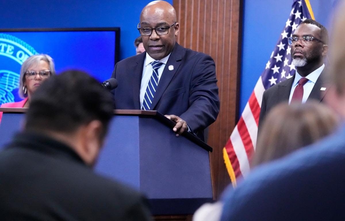 FILE - Illinois Attorney General Kwame Raoul speaks at a news conference in Chicago, Monday, Oct. 6, 2025. (AP Photo/Nam Y. Huh,File)