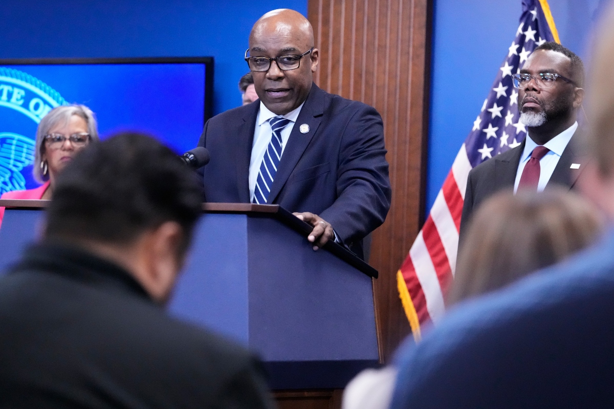 FILE - Illinois Attorney General Kwame Raoul speaks at a news conference in Chicago, Monday, Oct. 6, 2025. (AP Photo/Nam Y. Huh,File)