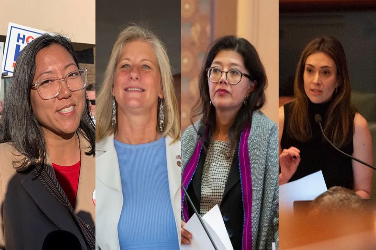 Democratic comptroller candidates Lake County Treasurer Holly Kim, Rep. Stephanie Kifowit, D-Oswego, Sen. Karina Villa, D-West Chicago, and Rep. Margaret Croke, D-Chicago. (Illustration and photos by Capitol News Illinois)
