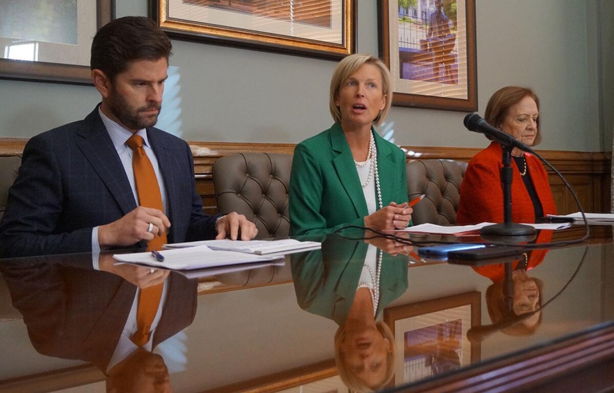 House Minority Leader Tony McCombie, center, R-Savanna, is joined by Reps. Ryan Spain, R-Peoria, and Norine Hammond, R-Macomb, at a news conference Wednesday, Feb. 18, 2026, following Gov. JB Pritzker’s budget address. (Capitol News Illinois photo by Peter Hancock)