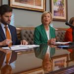 House Minority Leader Tony McCombie, center, R-Savanna, is joined by Reps. Ryan Spain, R-Peoria, and Norine Hammond, R-Macomb, at a news conference Wednesday, Feb. 18, 2026, following Gov. JB Pritzker’s budget address. (Capitol News Illinois photo by Peter Hancock)