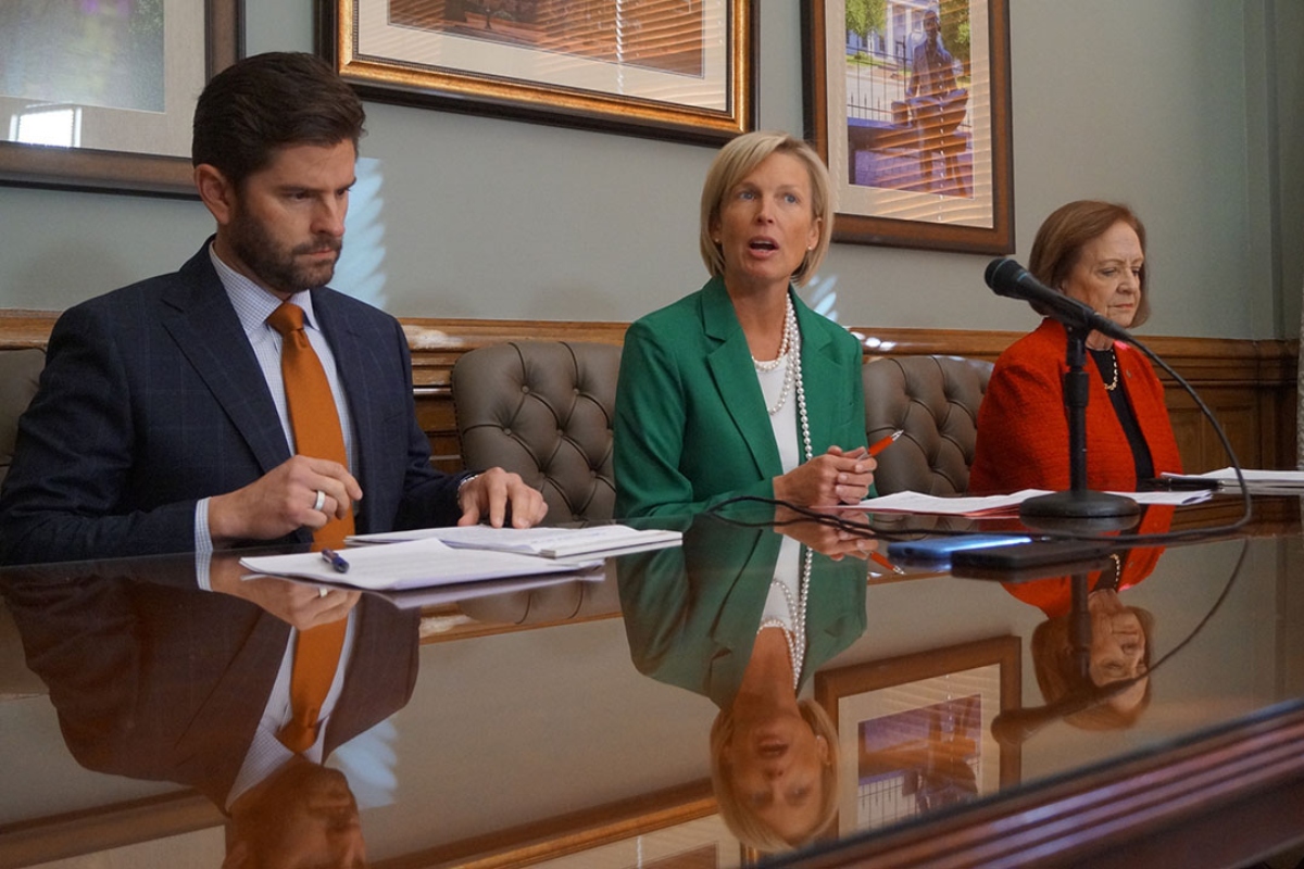 House Minority Leader Tony McCombie, center, R-Savanna, is joined by Reps. Ryan Spain, R-Peoria, and Norine Hammond, R-Macomb, at a news conference Wednesday, Feb. 18, 2026, following Gov. JB Pritzker’s budget address. (Capitol News Illinois photo by Peter Hancock)