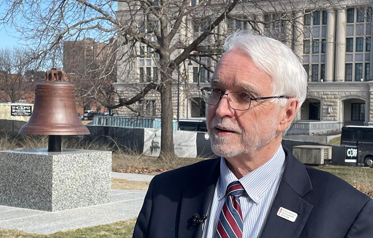Timothy Killeen, president of the University of Illinois System, speaks to reporters outside of the Illinois State Capitol in Springfield. (Capitol News Illinois photo by Andrew Campbell)