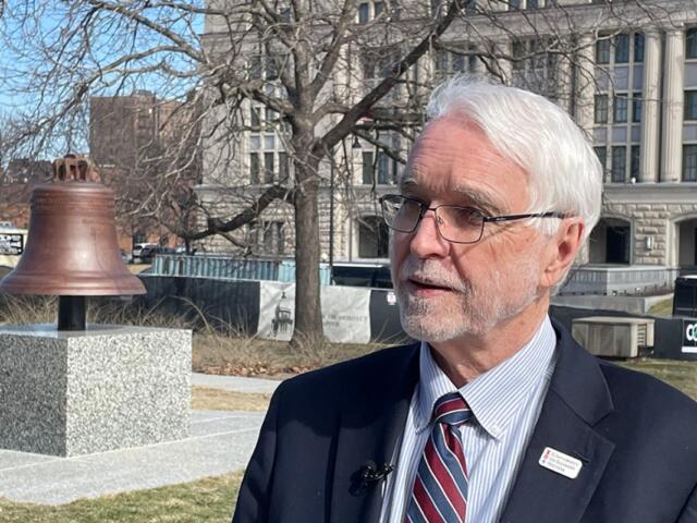 Timothy Killeen, president of the University of Illinois System, speaks to reporters outside of the Illinois State Capitol in Springfield. (Capitol News Illinois photo by Andrew Campbell)