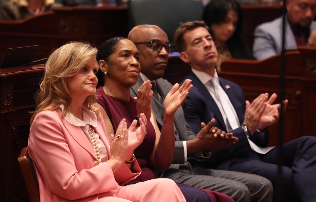 Left to Right: First Lady MK Pritzker, Lt. Gov. Juliana Stratton, Attorney General Kwame Raoul, and Secretary of State Alexi Giannoulias attend Gov. JB Pritzker's State of the State address Wednesday, Feb. 18.