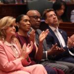 Left to Right: First Lady MK Pritzker, Lt. Gov. Juliana Stratton, Attorney General Kwame Raoul, and Secretary of State Alexi Giannoulias attend Gov. JB Pritzker's State of the State address Wednesday, Feb. 18.