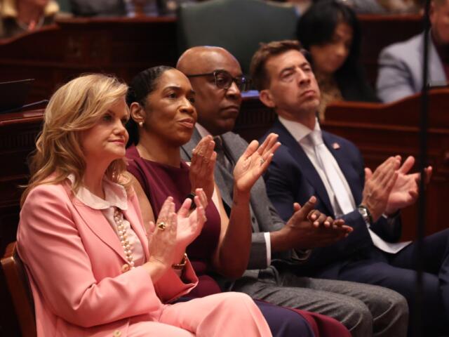 Left to Right: First Lady MK Pritzker, Lt. Gov. Juliana Stratton, Attorney General Kwame Raoul, and Secretary of State Alexi Giannoulias attend Gov. JB Pritzker's State of the State address Wednesday, Feb. 18.