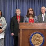 Matteson Village President Sheila Chalmers-Currin speaks alongside leaders of the Illinois Municipal League at a news conference in Springfield on March 4, 2026. (Capitol News Illinois photo by Ben Szalinski)