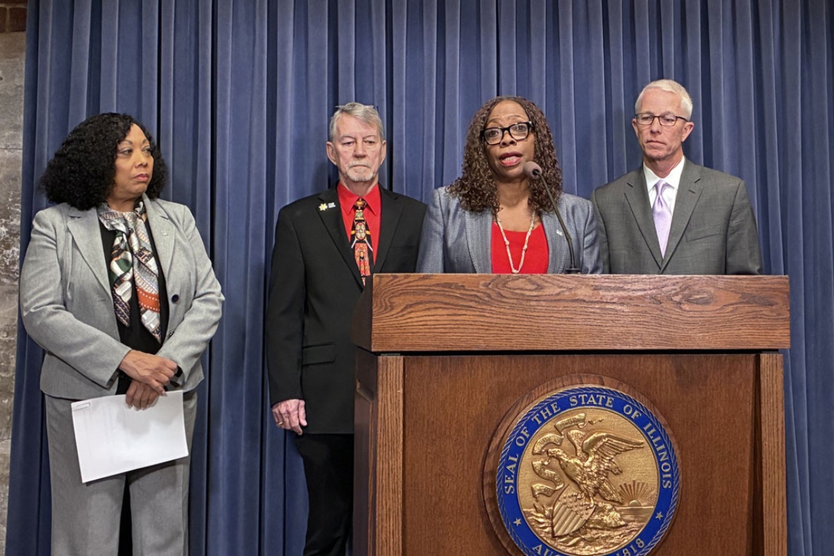 Matteson Village President Sheila Chalmers-Currin speaks alongside leaders of the Illinois Municipal League at a news conference in Springfield on March 4, 2026. (Capitol News Illinois photo by Ben Szalinski)