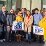 Lake County Treasurer Holly Kim stands with supporters outside the Illinois State Board of Elections in Springfield on petition filing day on Oct. 27, 2025. (Capitol News Illinois photo by Jerry Nowicki)