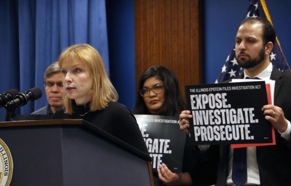 Jane Ruby, president of the League of Women Voters of Chicago, speaks at a March 2, 2026 news conference introducing the Illinois Epstein Files Investigation Act. (Capitol News Illinois photo by Maggie Dougherty)