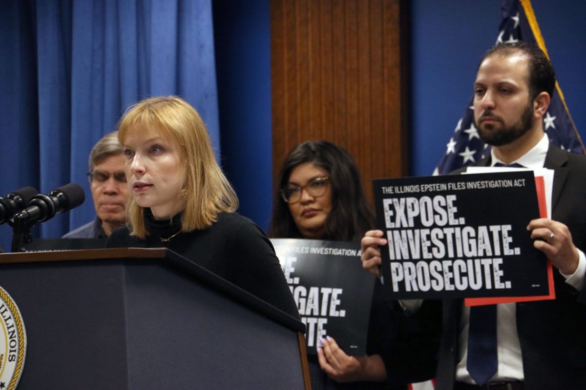 Jane Ruby, president of the League of Women Voters of Chicago, speaks at a March 2, 2026 news conference introducing the Illinois Epstein Files Investigation Act. (Capitol News Illinois photo by Maggie Dougherty)