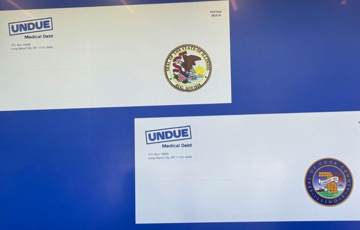 An example of the envelope mailed to eligible Illinois residents notifying them that their medical debt has been eliminated. (Medill Illinois News Bureau photo by Kaitlin Bender-Thomas)