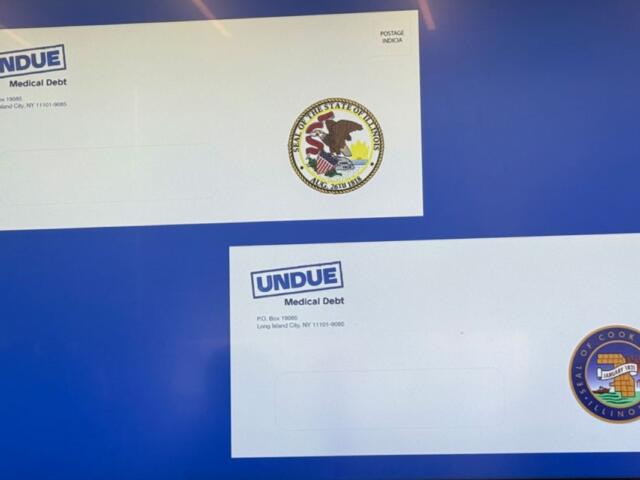 An example of the envelope mailed to eligible Illinois residents notifying them that their medical debt has been eliminated. (Medill Illinois News Bureau photo by Kaitlin Bender-Thomas)