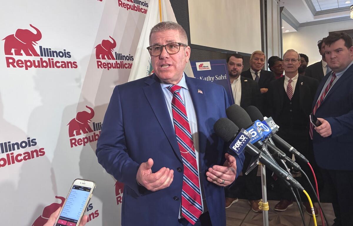 Republican nominee for governor Darren Bailey speaks to reporters following a Republican Party breakfast in Naperville on March 18, 2026. (Capitol News Illinois photo by Ben Szalinski)