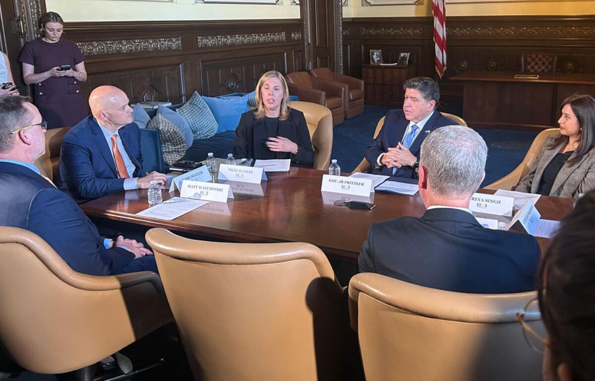 Gov. JB Pritzker speaks at a news conference following his 2026 budget address. Pritzker joined six other Midwestern governors in a letter to EPA Administrator Lee Zeldin urging an emergency waiver on the use of E15 ethanol gasoline this summer. (Medill Illinois News Bureau photo by George Alexandrakis).