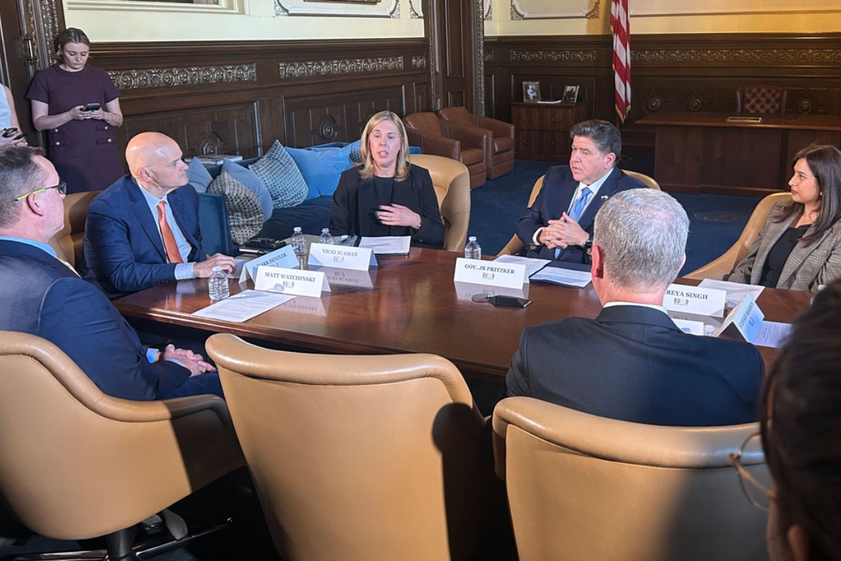 Gov. JB Pritzker speaks at a news conference following his 2026 budget address. Pritzker joined six other Midwestern governors in a letter to EPA Administrator Lee Zeldin urging an emergency waiver on the use of E15 ethanol gasoline this summer. (Medill Illinois News Bureau photo by George Alexandrakis).
