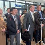 Locke Bowman and Steve Art, partners at Chicago-based civil rights law firm Loevy & Loevy, speak to reporters in the Cook County criminal courthouse on Tuesday, March 24, 2026. (Capitol News Illinois photo by Hannah Meisel)