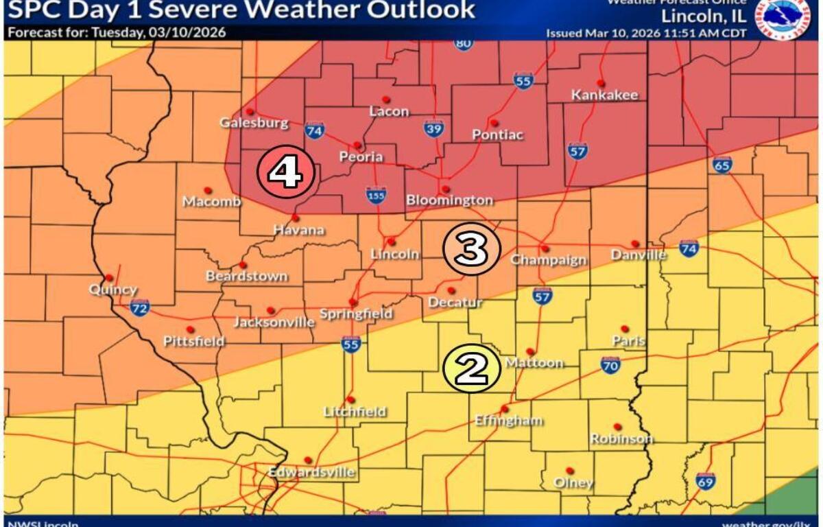 The Springfield area, as of Tuesday midday, was in a Level 3, out of 5, risk of severe storms, according to the National Weather Service and the Storm Prediction Center.