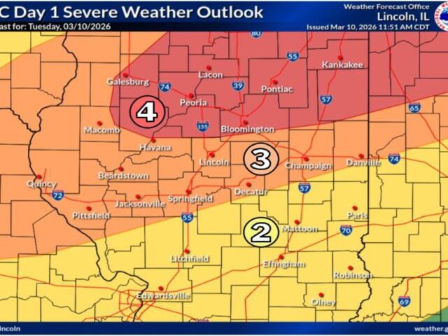 The Springfield area, as of Tuesday midday, was in a Level 3, out of 5, risk of severe storms, according to the National Weather Service and the Storm Prediction Center.