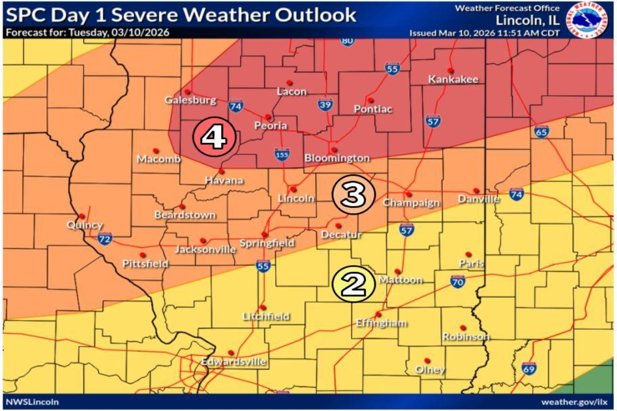 The Springfield area, as of Tuesday midday, was in a Level 3, out of 5, risk of severe storms, according to the National Weather Service and the Storm Prediction Center.