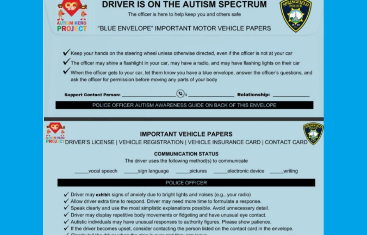 A sample envelope that will be provided to drivers with Autism.