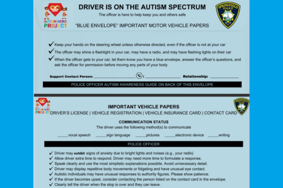 A sample envelope that will be provided to drivers with Autism.