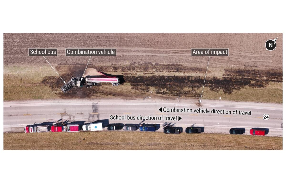 An aerial view of the March, 2024 fatal school bus crash near Rushville. Photo by Illinois State Police, annotated by National Transportation Safety Board.