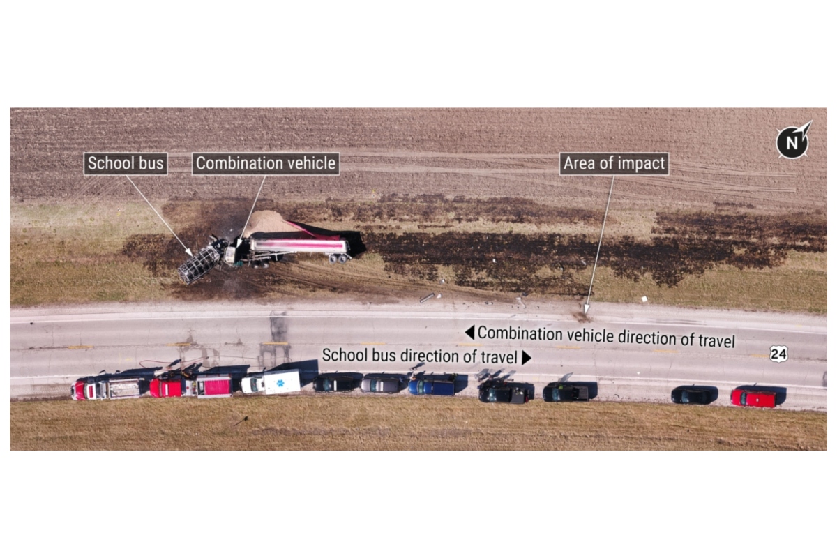 An aerial view of the March, 2024 fatal school bus crash near Rushville. Photo by Illinois State Police, annotated by National Transportation Safety Board.