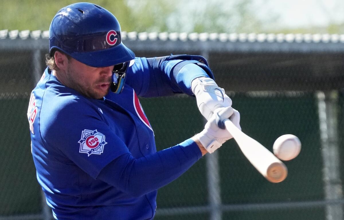 Chicago Cubs' Nico Hoerner hits during a spring training baseball workout Saturday, Feb. 14, 2026, in Mesa, Ariz. (AP Photo/Morry Gash)