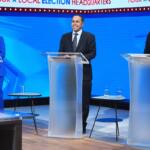 U.S. Rep. Robin Kelly (D-Ill.), left, U.S. Rep. Raja Krishnamoorthi (D-Ill.), center, and Illinois Lt. Gov. Juliana Stratton (D), smile as they wait for U.S. senate Democratic Primary Debate in Chicago, Thursday, Feb. 19, 2026. (AP Photo/Nam Y. Huh)