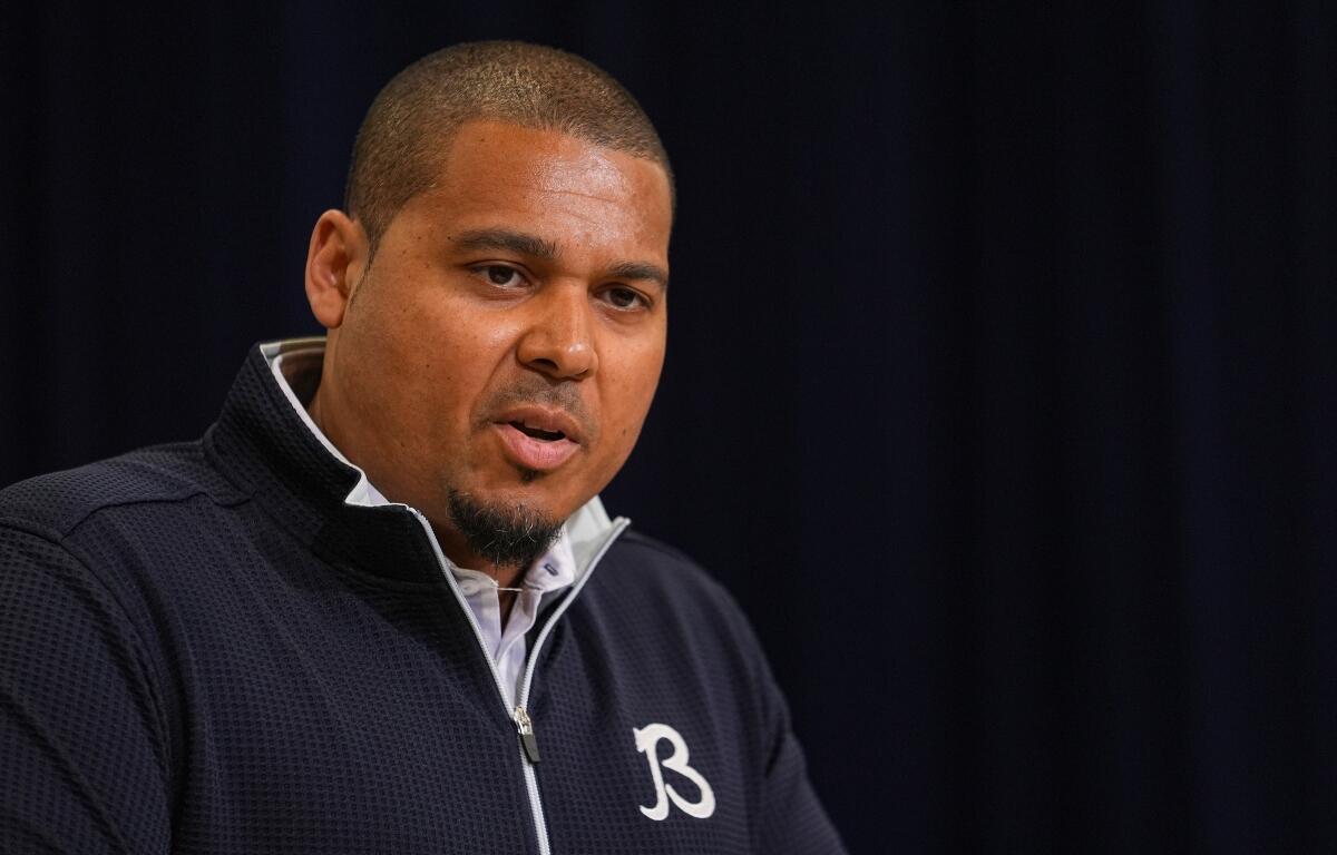 Chicago Bears general manager Ryan Poles speaks during a press conference at the NFL football scouting combine in Indianapolis, Tuesday, Feb. 24, 2026. (AP Photo/Michael Conroy)