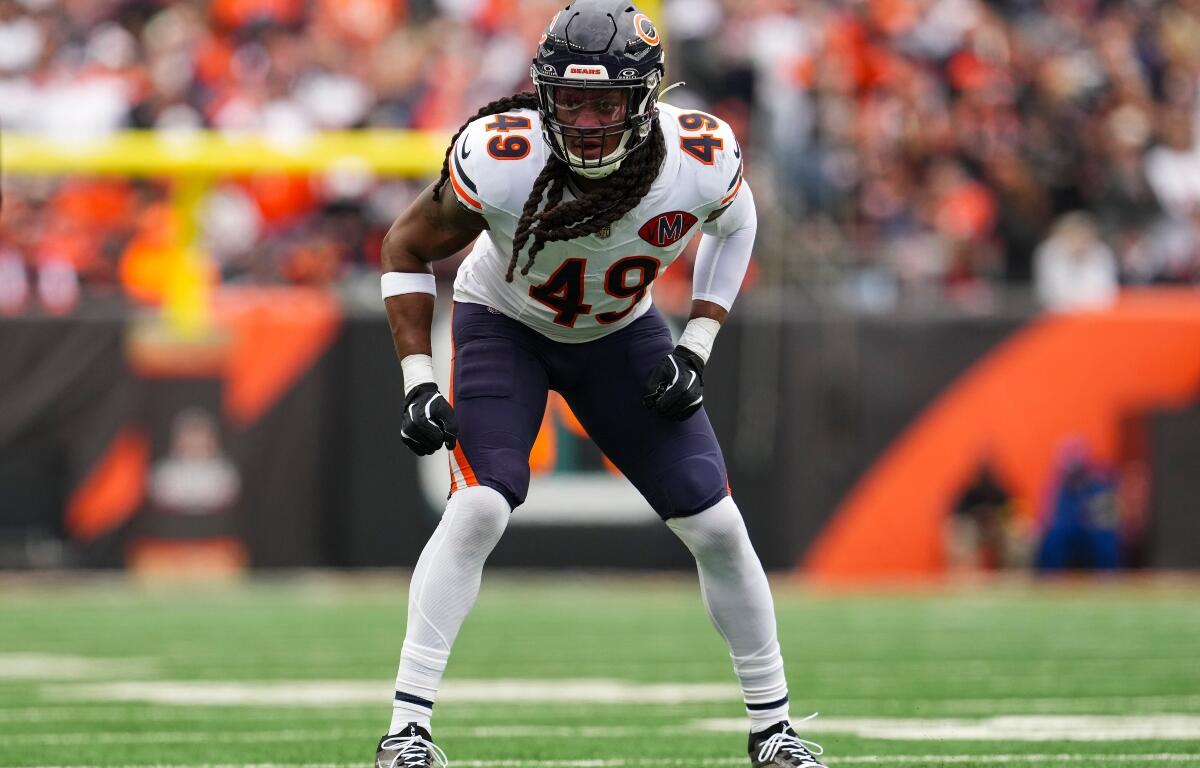 FILE - Chicago Bears middle linebacker Tremaine Edmunds looks on during an NFL football game against the Cincinnati Bengals on Nov. 2, 2025, in Cincinnati. (AP Photo/Jeff Dean, File)