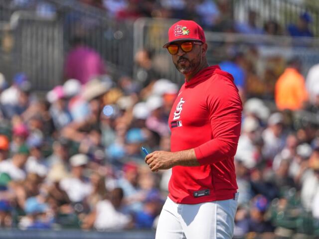 St. Louis Cardinals manager Oliver Marmol walks back from the mound after making a pitching change during the second inning of a spring training baseball game against the New York Mets Friday, Feb. 27, 2026, in Jupiter, Fla. (AP Photo/Jeff Roberson)