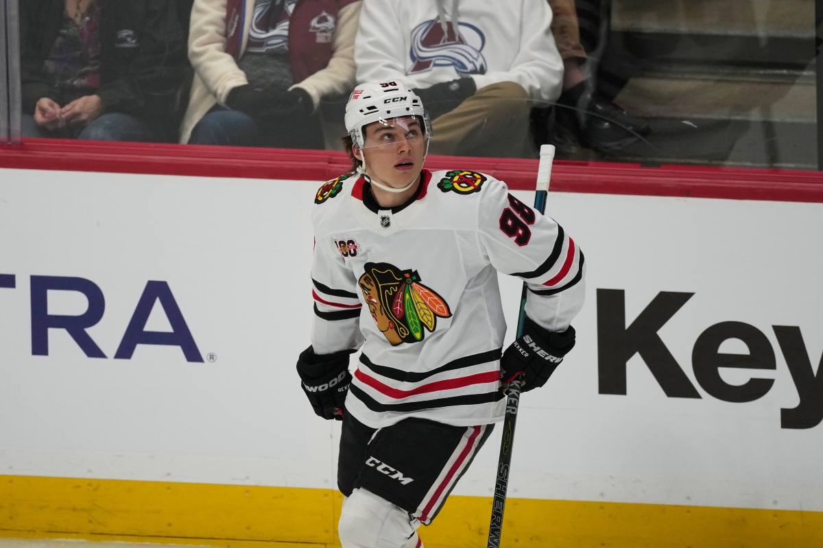Chicago Blackhawks center Connor Bedard checks the overhead scoreboard after scoring a power-play goal against the Colorado Avalanche in the first period of an NHL hockey game Saturday, Feb. 28, 2026, in Denver. (AP Photo/David Zalubowski)