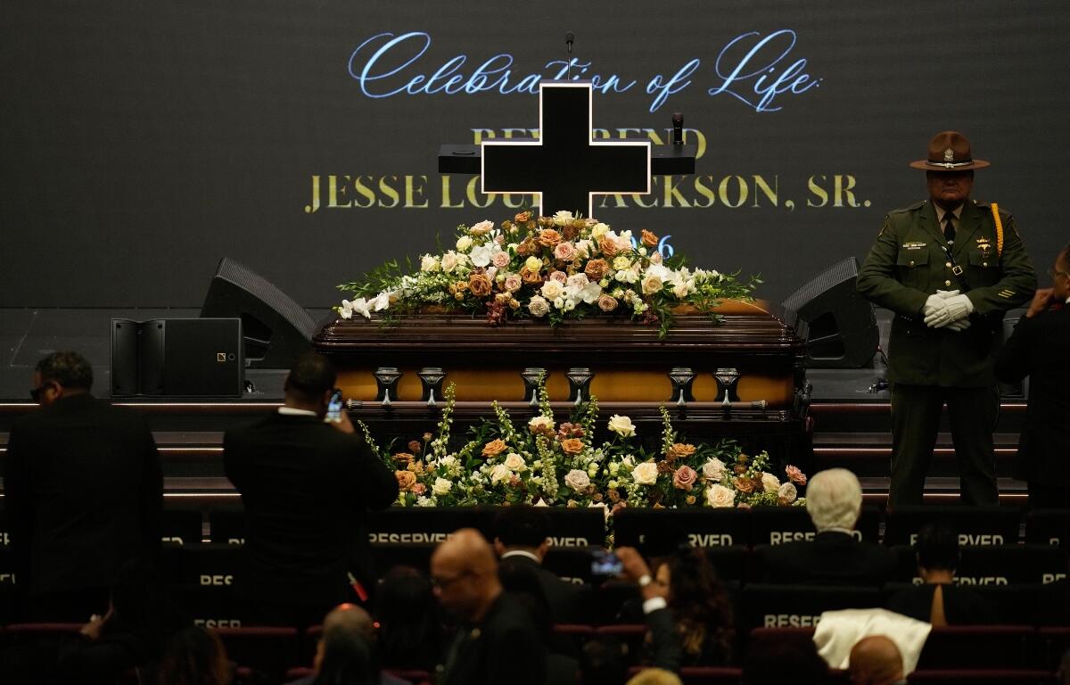 The casket with the Rev. Jesse Jackson is seen before the Public Homegoing Service at the House of Hope in Chicago, Friday, March 6, 2026. (AP Photo/Erin Hooley)