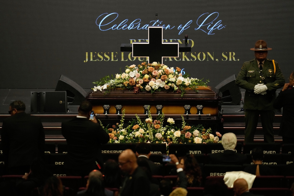 The casket with the Rev. Jesse Jackson is seen before the Public Homegoing Service at the House of Hope in Chicago, Friday, March 6, 2026. (AP Photo/Erin Hooley)
