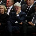Former Secretary of State Hillary Clinton, former President Bill Clinton and former President Barack Obama attend the Public Homegoing Service for Reverend Jesse Jackson at the House of Hope in Chicago, Friday, March 6, 2026. (AP Photo/Erin Hooley)