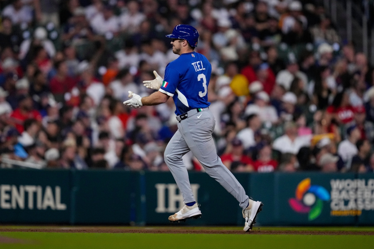 Italy catcher Kyle Teel (3) celebrates as he run the bases after a home run against the United States inning of a World Baseball Classic game, Tuesday, March 10, 2026, in Houston. (AP Photo/Ashley Landis)