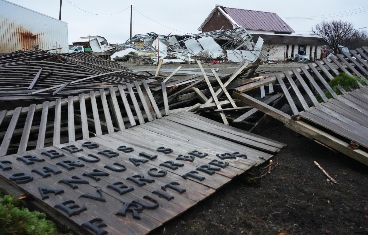 A storm-damaged Tholens' Landscape & Garden center is in ruins in the aftermath of a powerful storm that ripped through the area a day earlier in Kankakee, Ill., Wednesday, March 11, 2026. (AP Photo/Nam Y. Huh)