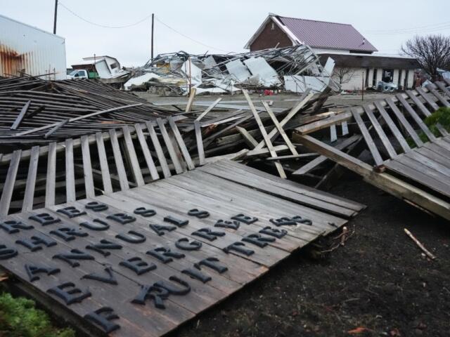 A storm-damaged Tholens' Landscape &amp; Garden center is in ruins in the aftermath of a powerful storm that ripped through the area a day earlier in Kankakee, Ill., Wednesday, March 11, 2026. (AP Photo/Nam Y. Huh)