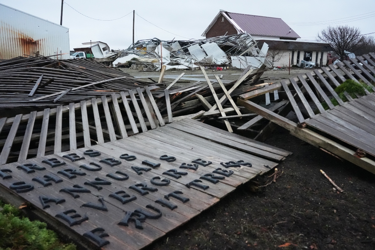 A storm-damaged Tholens' Landscape & Garden center is in ruins in the aftermath of a powerful storm that ripped through the area a day earlier in Kankakee, Ill., Wednesday, March 11, 2026. (AP Photo/Nam Y. Huh)