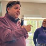 Illinois Gov. JB Pritzker, campaigns for Lt. Gov. Juliana Stratton, who is running for an open U.S. Senate seat, at the Montclare Senior Residences of Avalon Park in Chicago, Thursday, March 12, 2026. (AP Photo/Sophia Tareen)