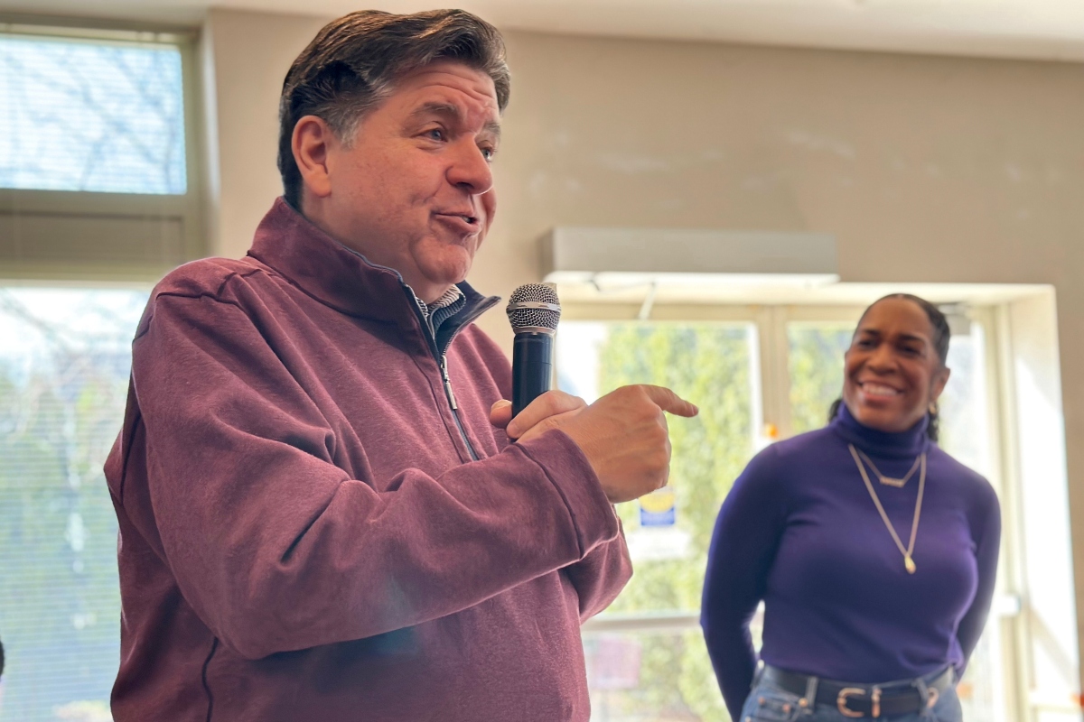 Illinois Gov. JB Pritzker, campaigns for Lt. Gov. Juliana Stratton, who is running for an open U.S. Senate seat, at the Montclare Senior Residences of Avalon Park in Chicago, Thursday, March 12, 2026. (AP Photo/Sophia Tareen)
