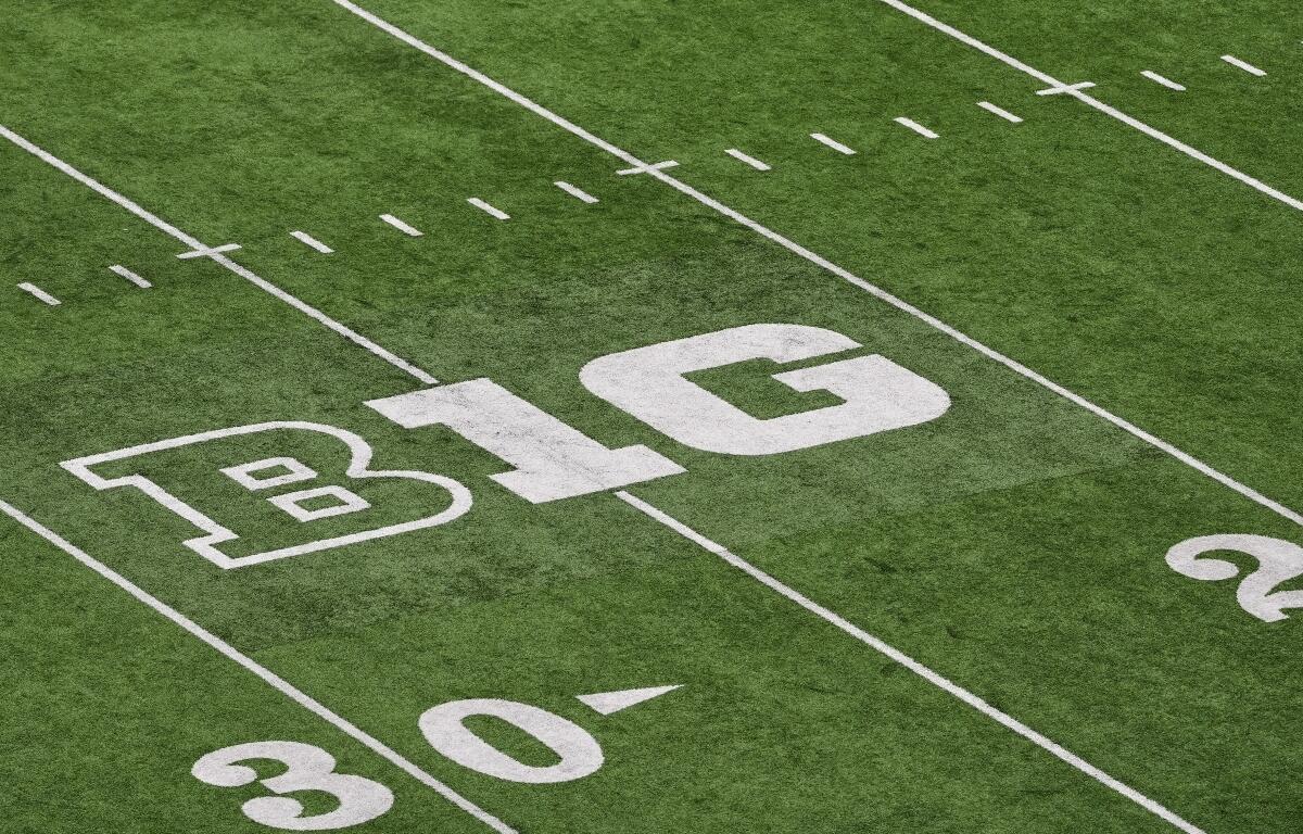 FILE - The Big Ten logo is seen on the field at Husky Stadium during an NCAA college football game, Oct. 25, 2025, in Seattle. (AP Photo/Lindsey Wasson, File)