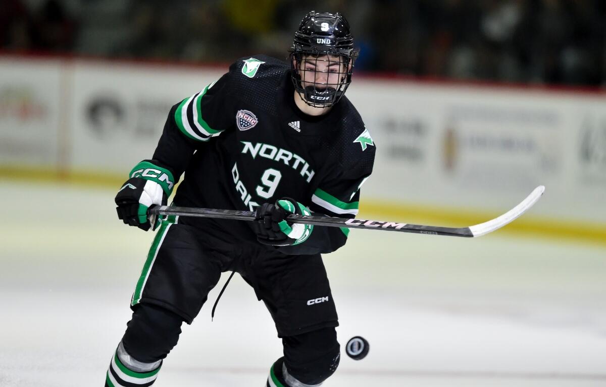 FILE - North Dakota forward Sacha Boisvert skates during the second period of an NCAA hockey game against Cornell on Nov. 2, 2024 in Ithaca, N.Y. (AP Photo/Adrian Kraus, file)